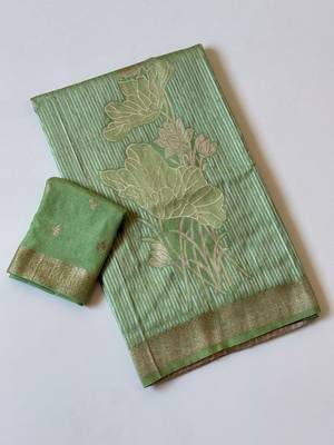 Light Green  Color Silver Golden Jari Jaqurad Weaving Work  Georgette Saree  3