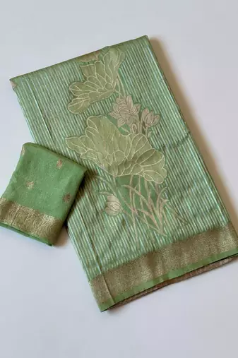 Light Green  Color Silver Golden Jari Jaqurad Weaving Work  Georgette Saree 