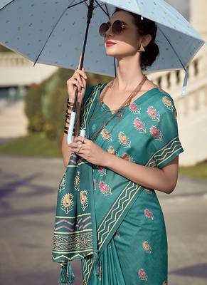 Turquoise pure mal mal silk saree 3