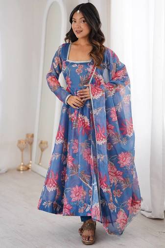 Blue color soft organza digital print party wear long gown