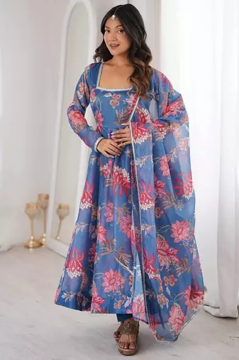 Blue color soft organza digital print party wear long gown