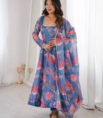 Blue color soft organza digital print party wear long gown