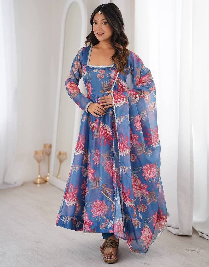 Blue color soft organza digital print party wear long gown