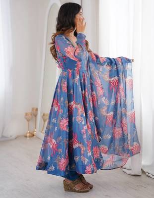 Blue color soft organza digital print party wear long gown 2