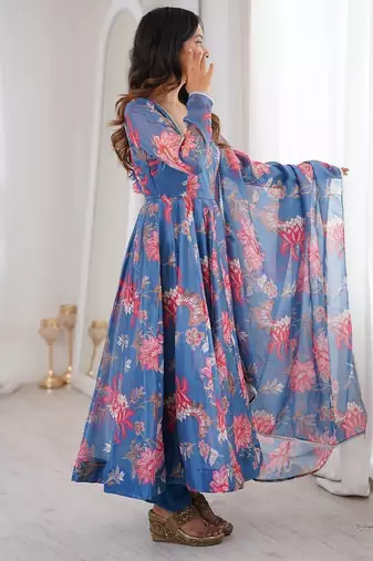 Blue color soft organza digital print party wear long gown