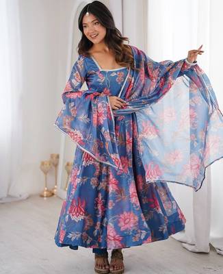 Blue color soft organza digital print party wear long gown 3
