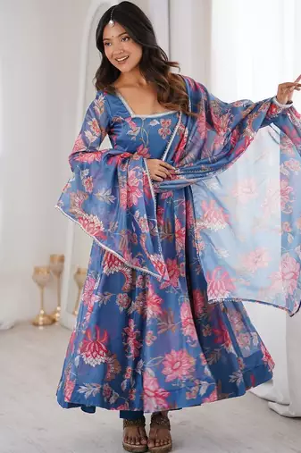Blue color soft organza digital print party wear long gown
