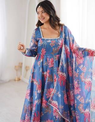 Blue color soft organza digital print party wear long gown 4