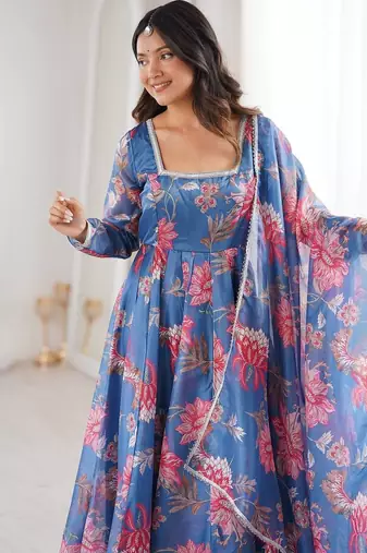 Blue color soft organza digital print party wear long gown