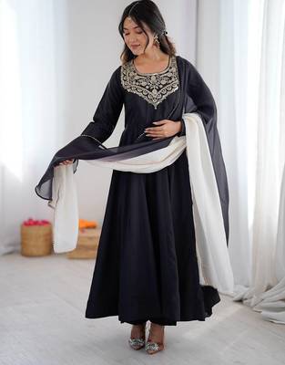 Black color soft french creap embroidery work party wear long gown 1