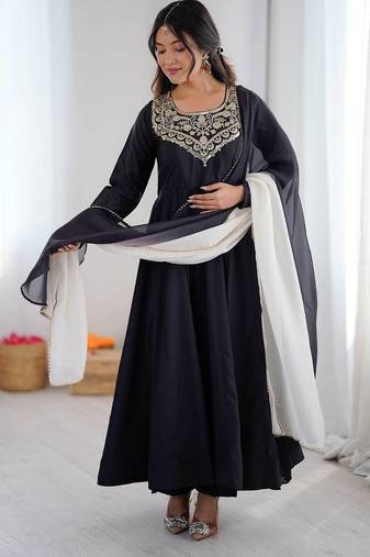 Black color soft french creap embroidery work party wear long gown