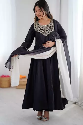 Black color soft french creap embroidery work party wear long gown