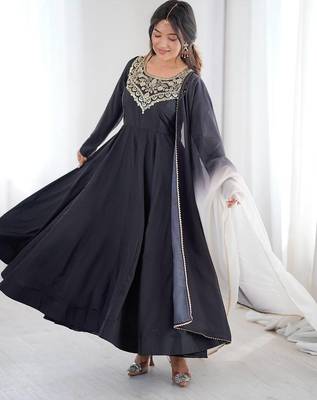 Black color soft french creap embroidery work party wear long gown 2