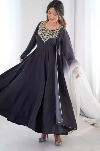 Black color soft french creap embroidery work party wear long gown