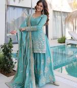 Sky blue embroidered fendi crush designer sharara set with dupatta