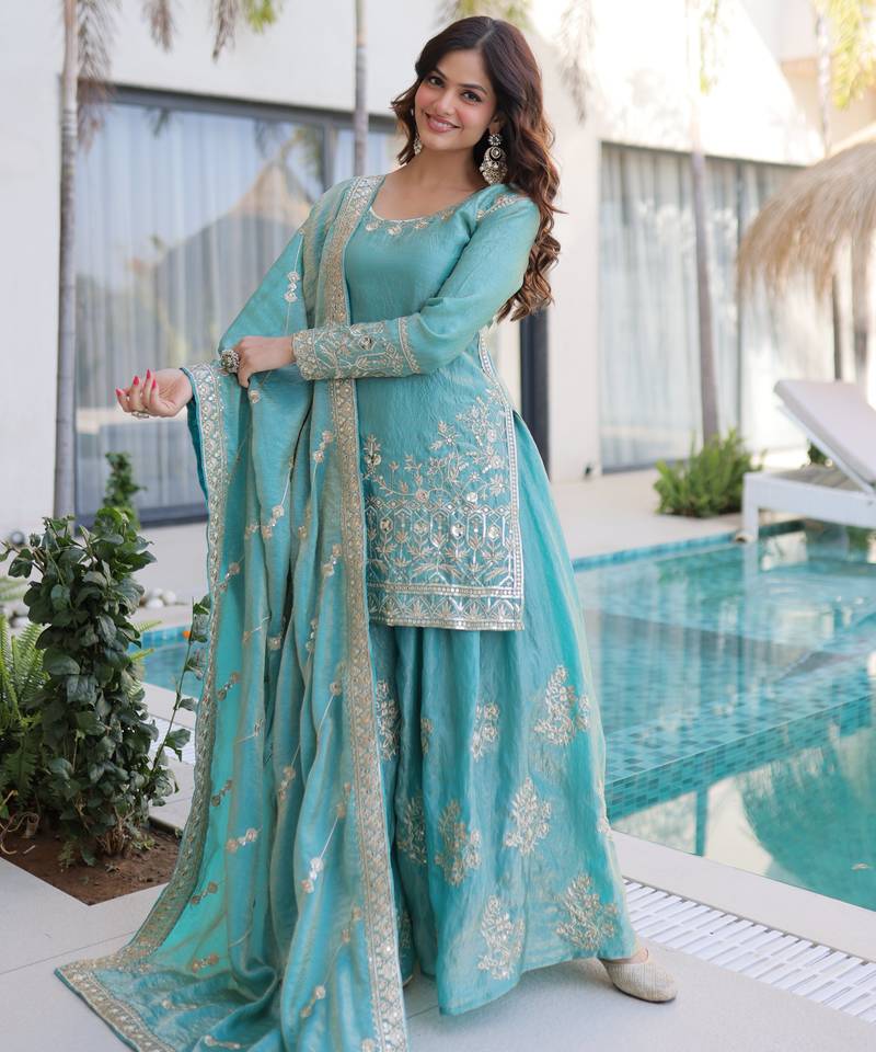 Sky blue embroidered fendi crush designer sharara set with dupatta