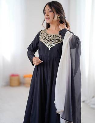 Black color soft french creap embroidery work party wear long gown 3