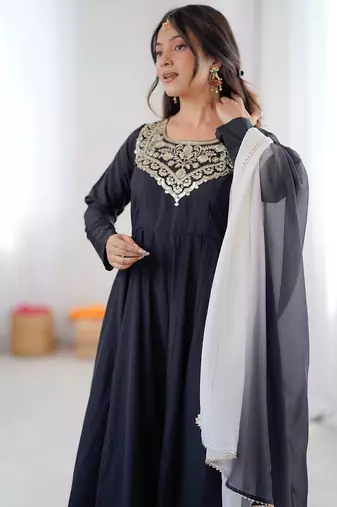 Black color soft french creap embroidery work party wear long gown