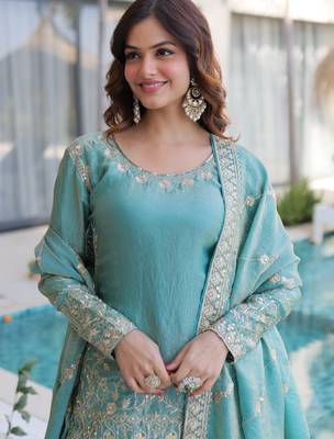 Sky blue embroidered fendi crush designer sharara set with dupatta 2