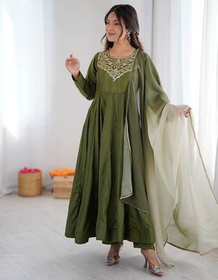 Green color soft french creap embroidery work party wear long gown 1