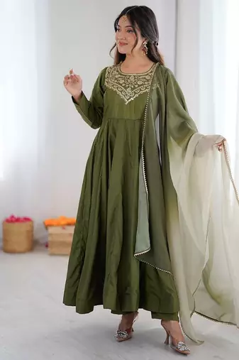 Green color soft french creap embroidery work party wear long gown