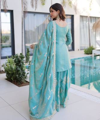 Sky blue embroidered fendi crush designer sharara set with dupatta 3