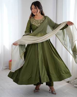 Green color soft french creap embroidery work party wear long gown 2