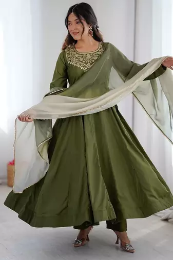 Green color soft french creap embroidery work party wear long gown