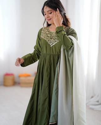 Green color soft french creap embroidery work party wear long gown 3