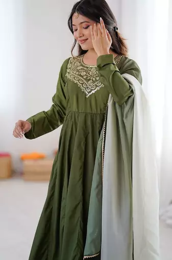 Green color soft french creap embroidery work party wear long gown