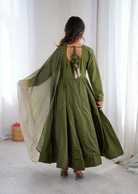 Green color soft french creap embroidery work party wear long gown 4