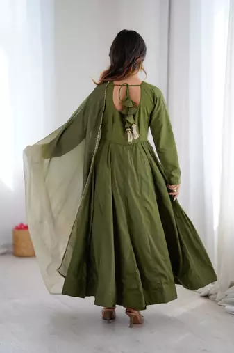 Green color soft french creap embroidery work party wear long gown