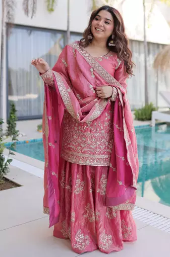 Pink embroidered fendi crush designer sharara set with dupatta