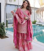 Pink embroidered fendi crush designer sharara set with dupatta