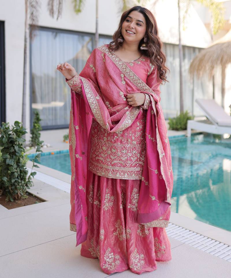 Pink embroidered fendi crush designer sharara set with dupatta