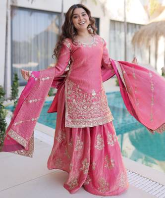 Pink embroidered fendi crush designer sharara set with dupatta 2