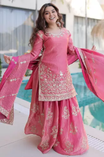 Pink embroidered fendi crush designer sharara set with dupatta