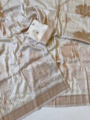 Beige  Color Silver Golden Jari Jaqurad Weaving Work  Georgette Saree  1