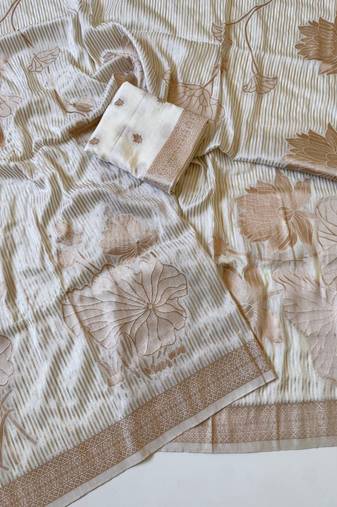 Beige  Color Silver Golden Jari Jaqurad Weaving Work  Georgette Saree 