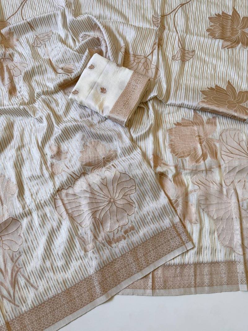 Beige  Color Silver Golden Jari Jaqurad Weaving Work  Georgette Saree 