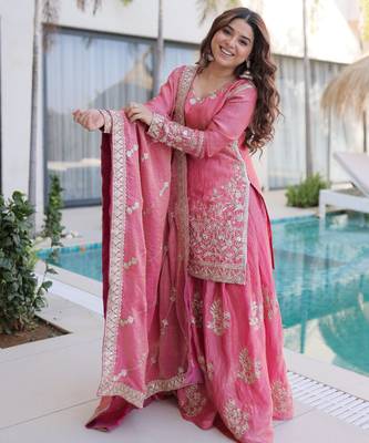 Pink embroidered fendi crush designer sharara set with dupatta 3