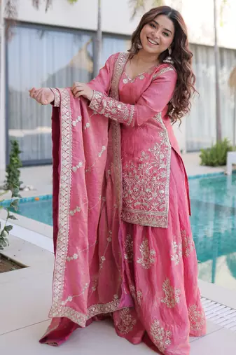Pink embroidered fendi crush designer sharara set with dupatta