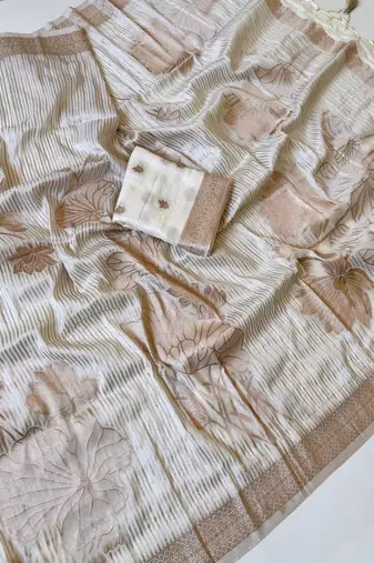 Beige  Color Silver Golden Jari Jaqurad Weaving Work  Georgette Saree 
