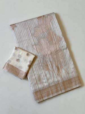 Beige  Color Silver Golden Jari Jaqurad Weaving Work  Georgette Saree  3
