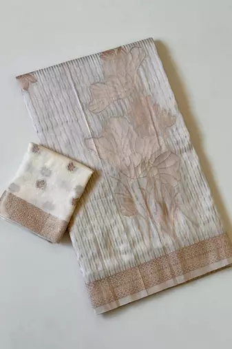 Beige  Color Silver Golden Jari Jaqurad Weaving Work  Georgette Saree 