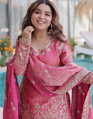 Pink embroidered fendi crush designer sharara set with dupatta 4