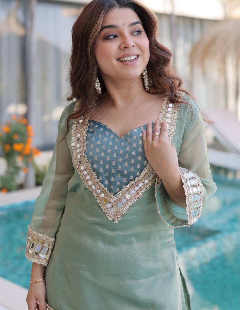 Sea green mirror salsa designer kurta set with batwa