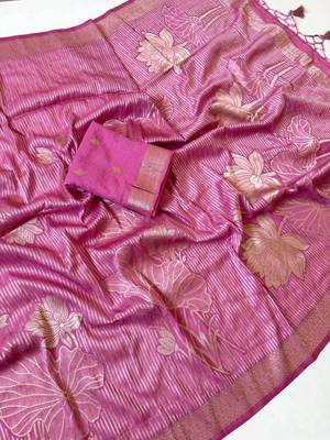 Pink Color Silver Golden Jari Jaqurad Weaving Work  Georgette Saree  1