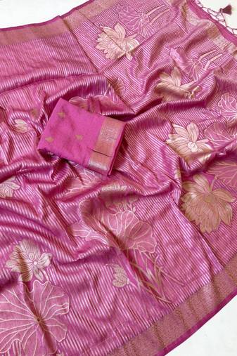 Pink Color Silver Golden Jari Jaqurad Weaving Work  Georgette Saree 