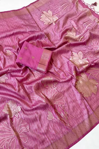 Pink Color Silver Golden Jari Jaqurad Weaving Work  Georgette Saree 
